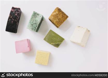 high angle view colorful soap bars white surface