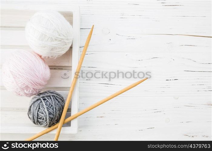 high angle view colorful yarns crochet