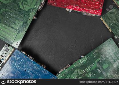 high angle view computer circuit boards black background