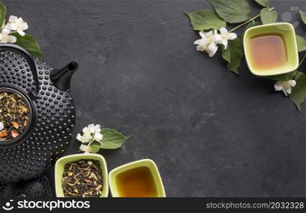 high angle view dry leaves herb tea textured backdrop
