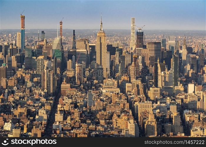 High angle view landscape New York Mid town Skylines skyscrapers office building cityscape from Manhattan in New York City United States. NYC USA Landmark Travel Destination and cityscape concept.