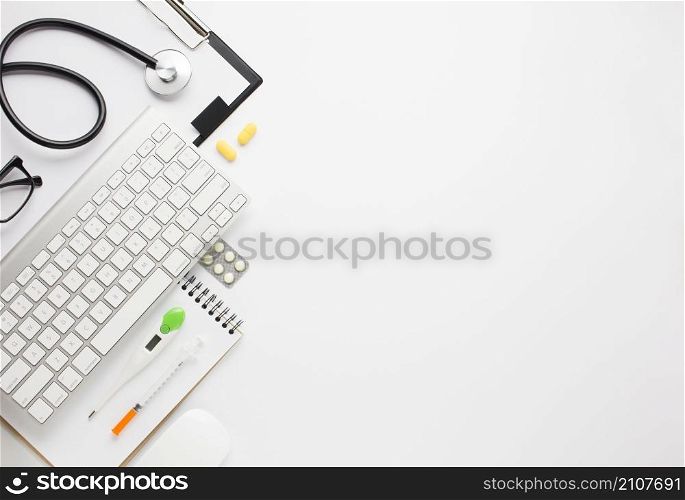 high angle view medical equipment wireless keyboard backdrop
