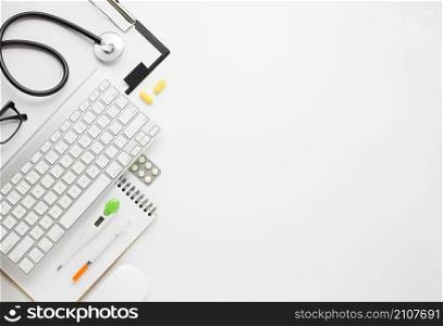 high angle view medical equipment wireless keyboard backdrop