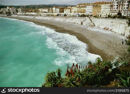High angle view of a beach against the city, Nice Promenade, France