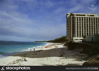 High angle view of a beach in front of a hotel, Grand Bahamas, Bahamas