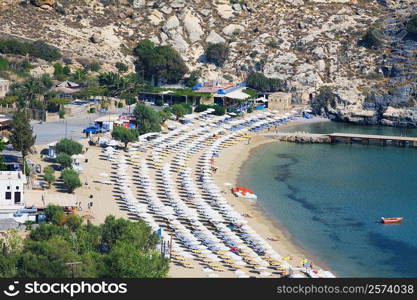 High angle view of a beach, Lindos, Rhodes, Dodecanese Islands, Greece
