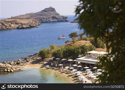 High angle view of a beach, Lindos, Rhodes, Dodecanese Islands, Greece