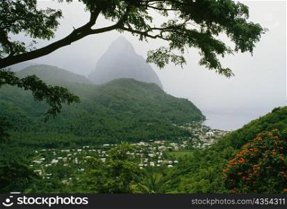 High angle view of a befogged volcano, St. Lucia