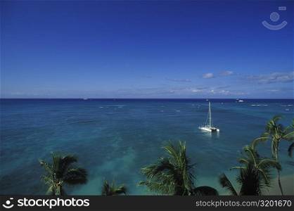 High angle view of a boat in the sea, Hawaii, USA