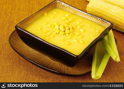 High angle view of a bowl of corn soup