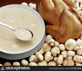 High angle view of a bowl of mushroom soup