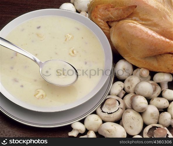 High angle view of a bowl of mushroom soup