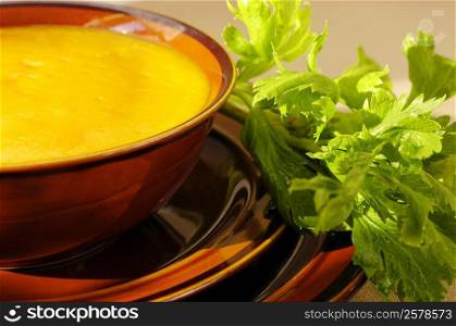 High angle view of a bowl of vegetable soup