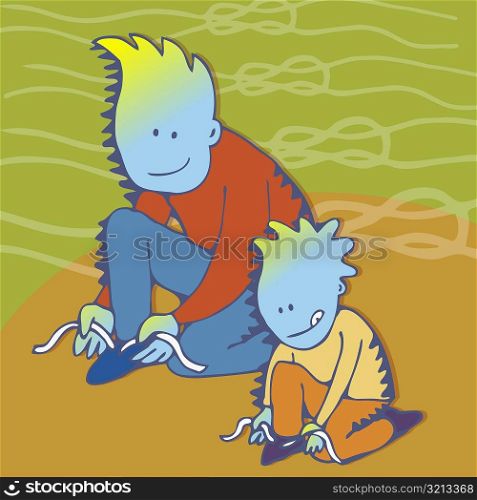 High angle view of a boy and his father tying their shoelaces