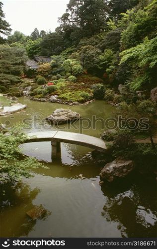 High angle view of a bridge over a pond, Shoren-in Temple, Kyoto, Japan