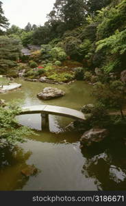 High angle view of a bridge over a pond, Shoren-in Temple, Kyoto, Japan