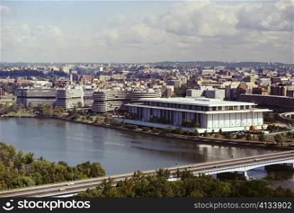 High angle view of a bridge over a river, Kennedy Center, Watergate Building, Washington DC, USA