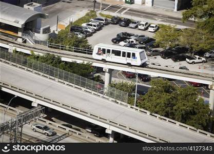 High angle view of a bus moving on an overpass