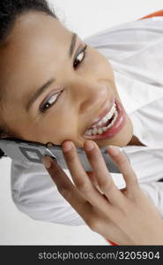 High angle view of a businesswoman talking on a mobile phone