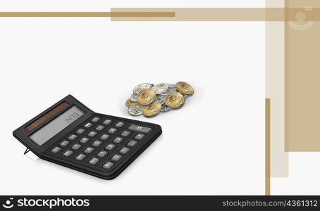 High angle view of a calculator and coins