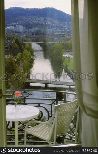 High angle view of a chair and a table in a balcony, Hotel Bellevue Palace, Berne, Berne Canton, Switzerland