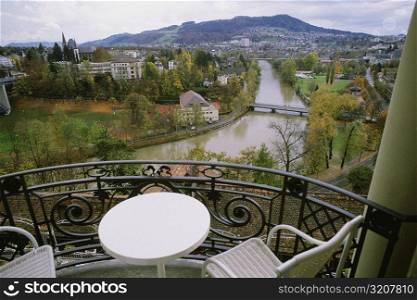 High angle view of a chair and a table in a balcony, Hotel Bellevue Palace, Berne, Berne Canton, Switzerland