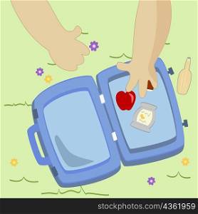 High angle view of a child&acute;s hand reaching out for a fruit in a lunch box