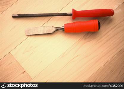 High angle view of a chisel and a rasp
