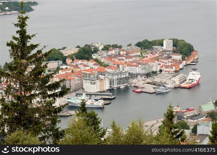 High angle view of a city at the waterfront, Bergen, Norway