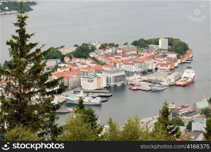 High angle view of a city at the waterfront, Bergen, Norway