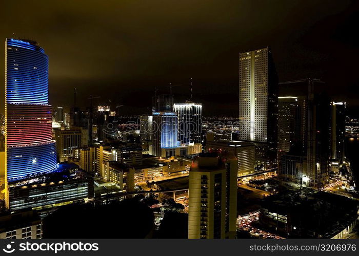 High angle view of a city lit up at night