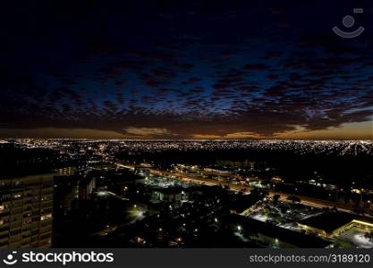 High angle view of a city lit up at night, Miami, Florida, USA