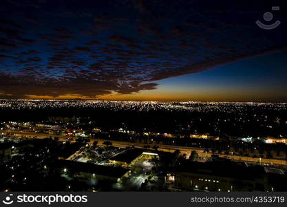 High angle view of a city lit up at night, Miami, Florida, USA