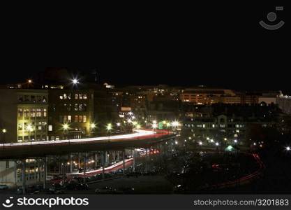 High angle view of a city lit up at night, Washington DC, USA
