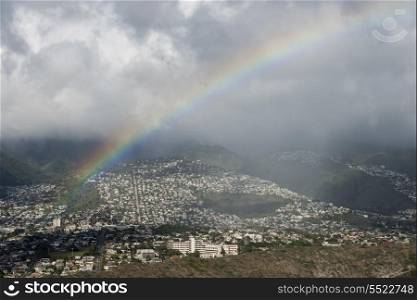 High angle view of a city viewed from Diamond Head, Kapahulu, St. Louis, Honolulu, Oahu, Hawaii, USA