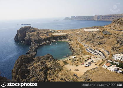 High angle view of a coast, Lindos, Rhodes, Dodecanese Islands, Greece