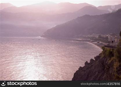 High angle view of a coastline, Amalfi Coast, Maiori, Salerno, Campania, Italy