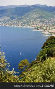 High angle view of a coastline, Recco, Italian Riviera, Genoa Province, Liguria, Italy