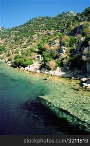 High angle view of a coastline, Sunken City, Kekova, Antalya, Turkey
