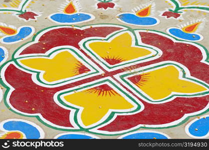 High angle view of a colorful floor design, Pushkar, Rajasthan, India