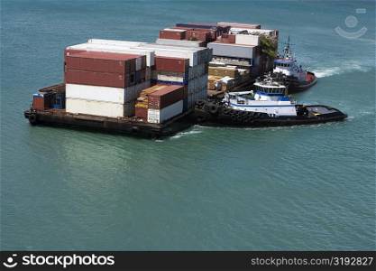 High angle view of a container ship in the sea