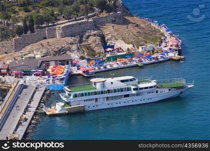 High angle view of a cruise ship moored at a harbor on an island, Ephesus, Turkey