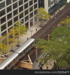 High angle view of a CTA Train running on tracks
