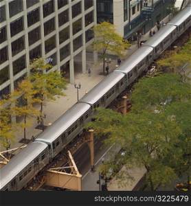 High angle view of a CTA Train running on tracks