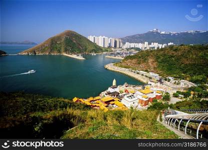 High angle view of a cultural park near the sea, Hong Kong, China