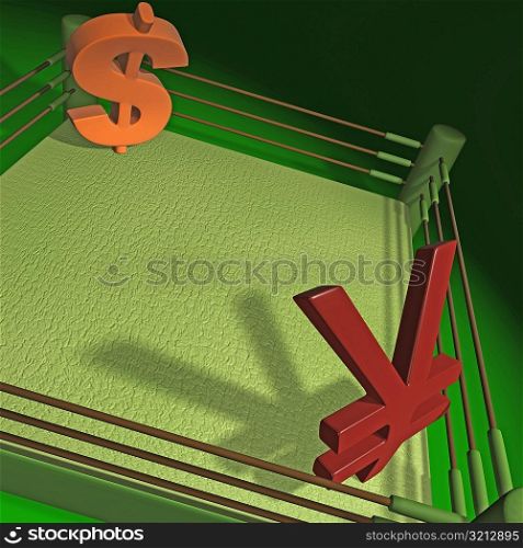 High angle view of a dollar sign and a yen sign in a boxing ring