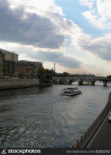 High angle view of a ferry in a river, Seine River, Paris, France