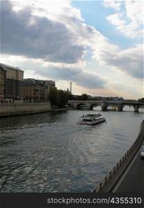 High angle view of a ferry in a river, Seine River, Paris, France