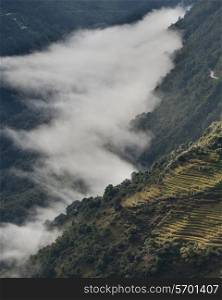 High angle view of a foggy valley, Trongsa District, Bhutan