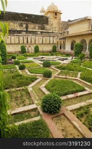 High angle view of a formal garden in front of a fort, Amber Fort, Jaipur, Rajasthan, India